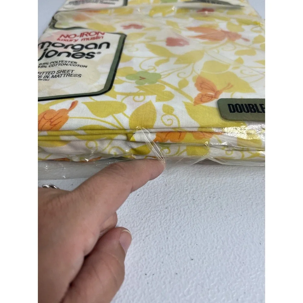 Vtg Morgan Jones Full‎ Flat And Fitted Sheet Set Yellow Floral With Butterflys